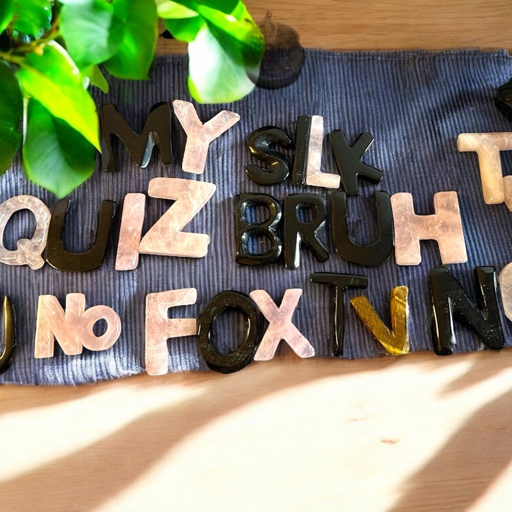 Crystal Letters in Black Obsidian Rose Quartz & more